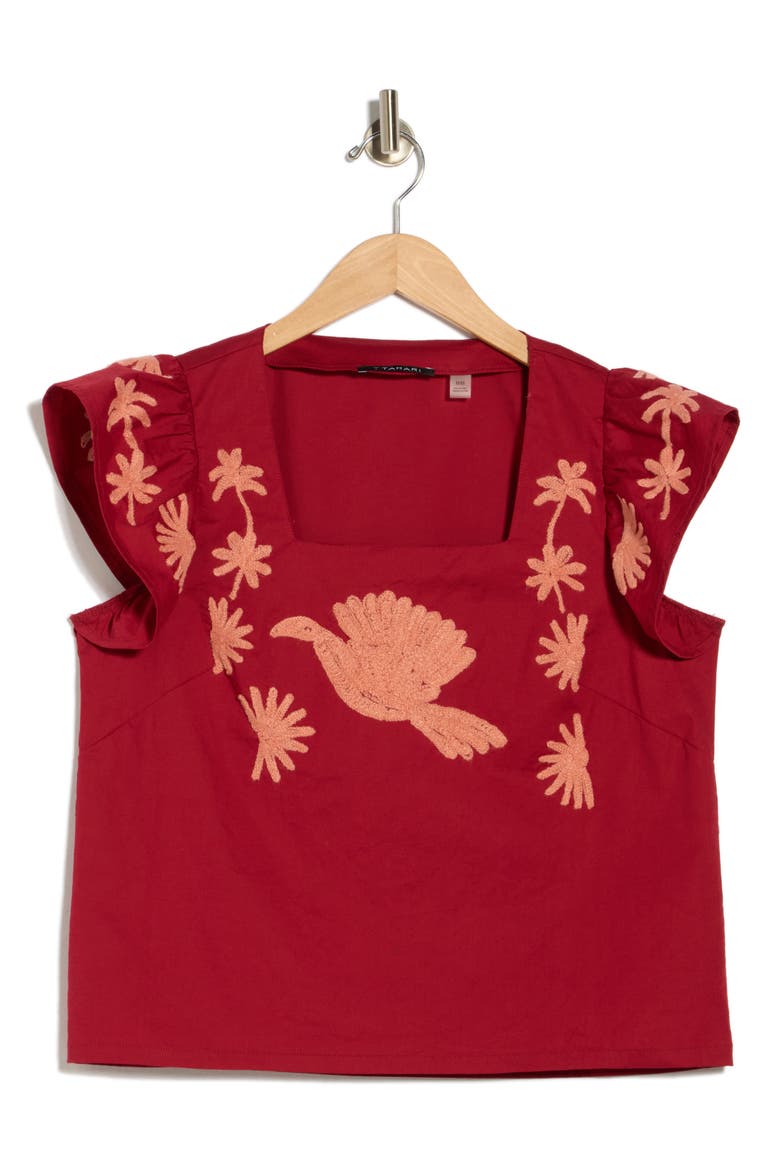 Ruffle Sleeve Embroidered Crop Top, Alternate, color, SUMMER ROSE/ GRANITE PINK