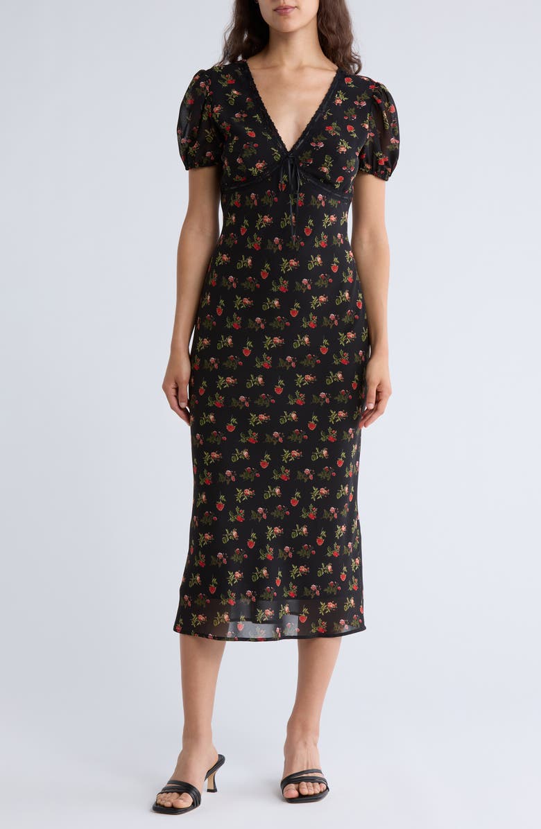 Lush Lace Trim Puff Sleeve Empire Waist Midi Dress, Main, color, Black Red Floral