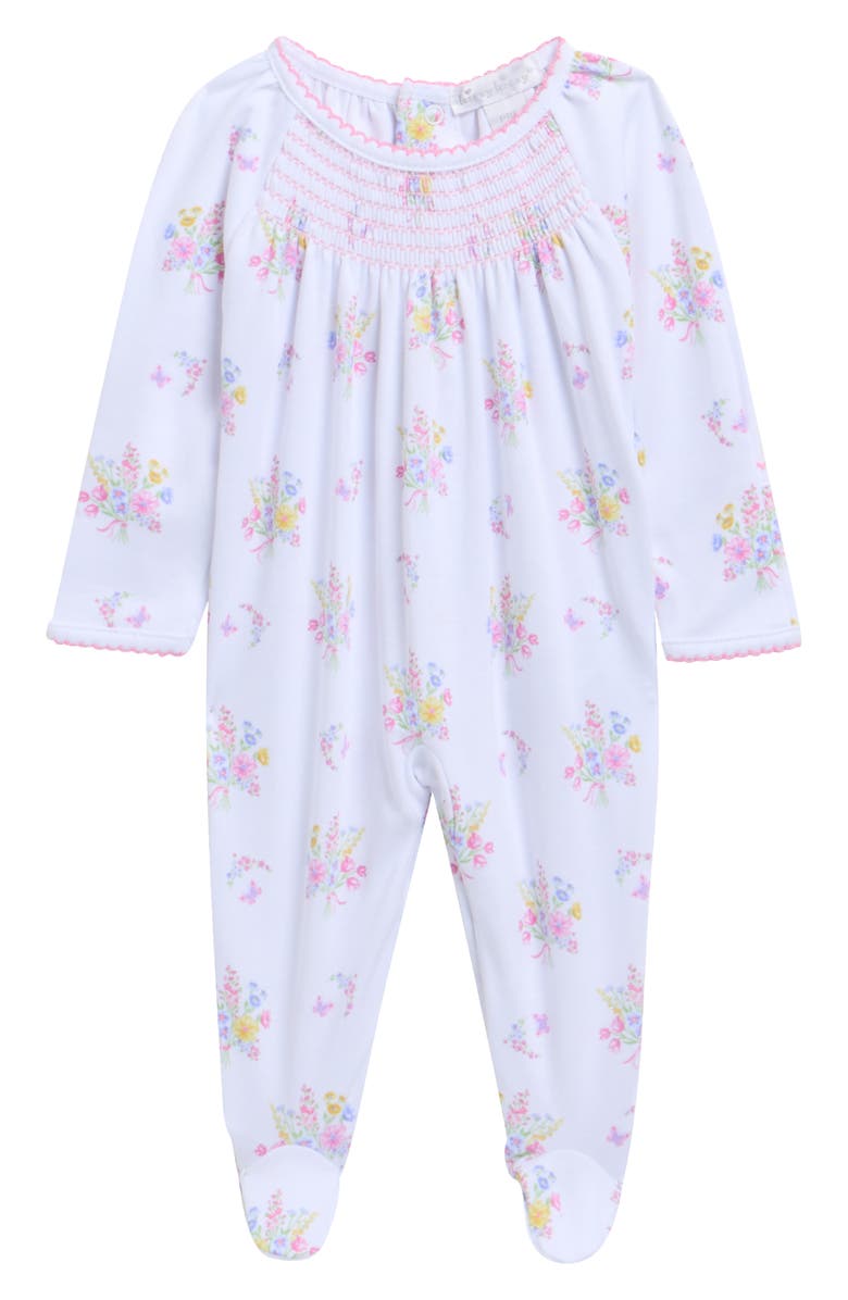 Kissy Kissy Floral Smocked Pima Cotton Footie, Main, color, White Multi
