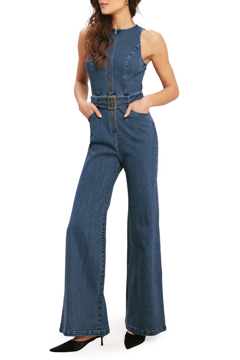 Belted Denim Jumpsuit, Alternate, color, MEDIUM INDIGO