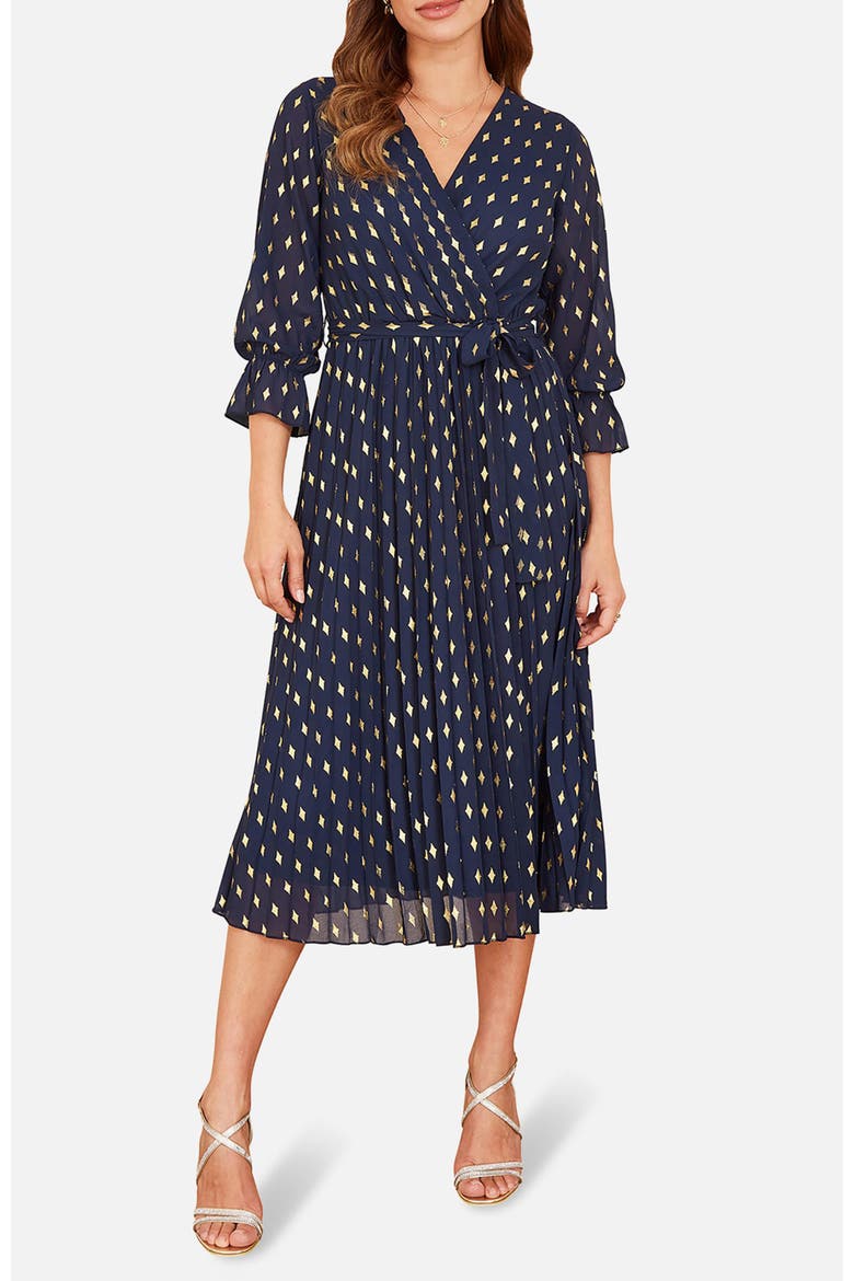 Foil Printed Pleated Wrap Midi Dress, Alternate, color, Navy
