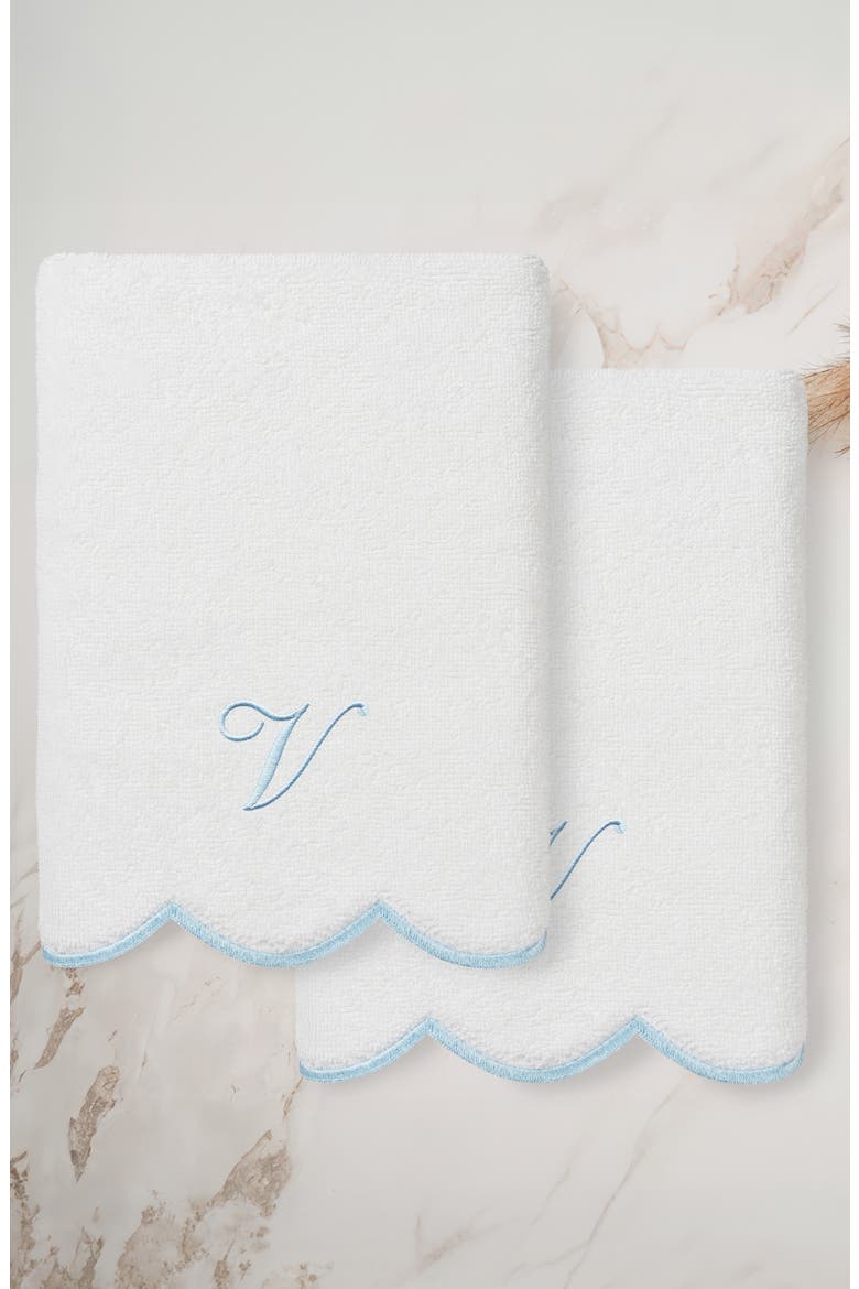 Scallop Personalized Monogram 2-Piece Hand Towel Set, Alternate, color, WHITE/ BLUE V