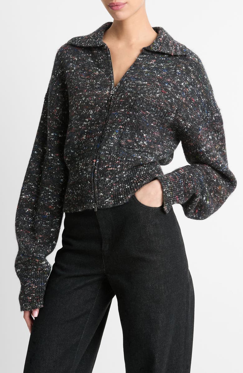 Vince Donegal Front Zip Wool & Silk Sweater, Alternate, color, Black Donegal