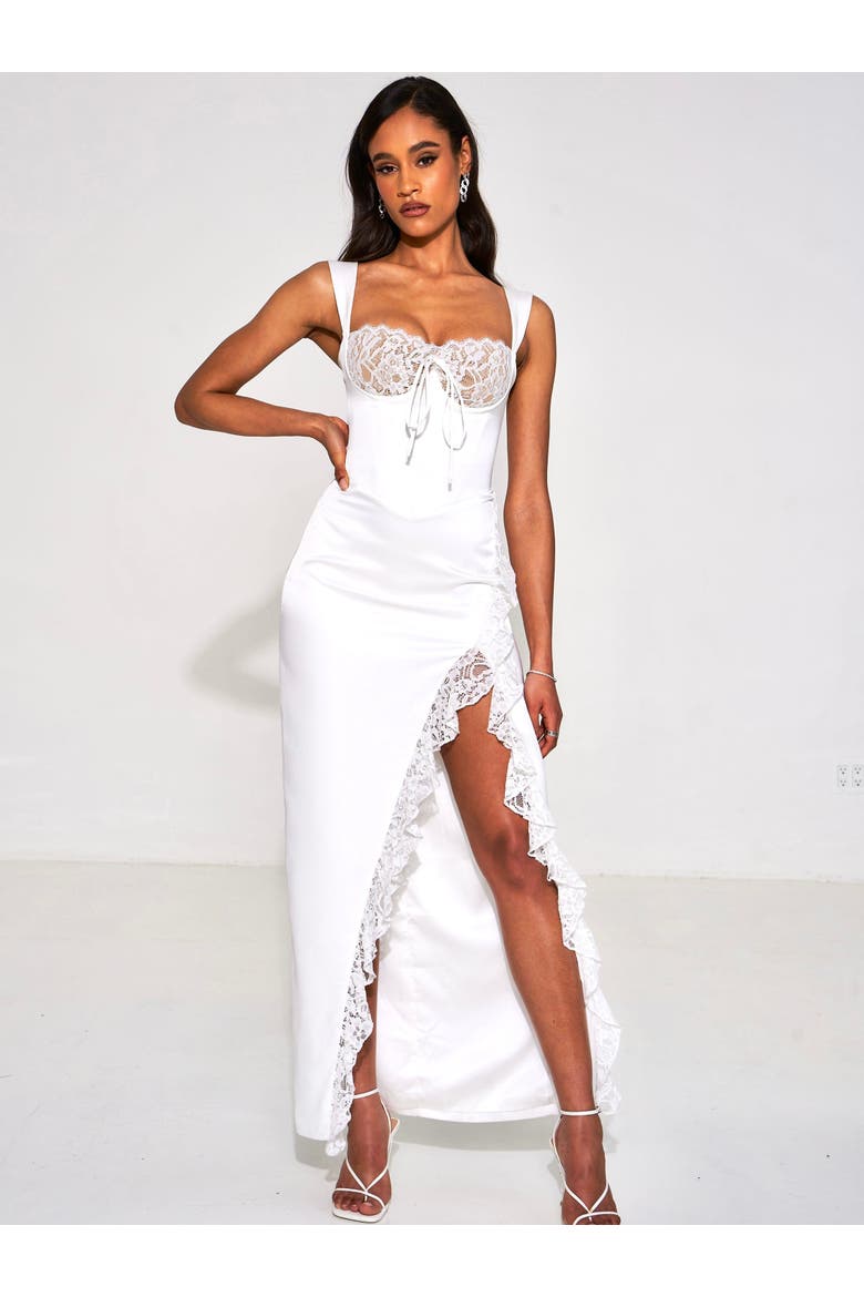 Fraddie Lace Satin Maxi Corset Dress, Alternate, color, White