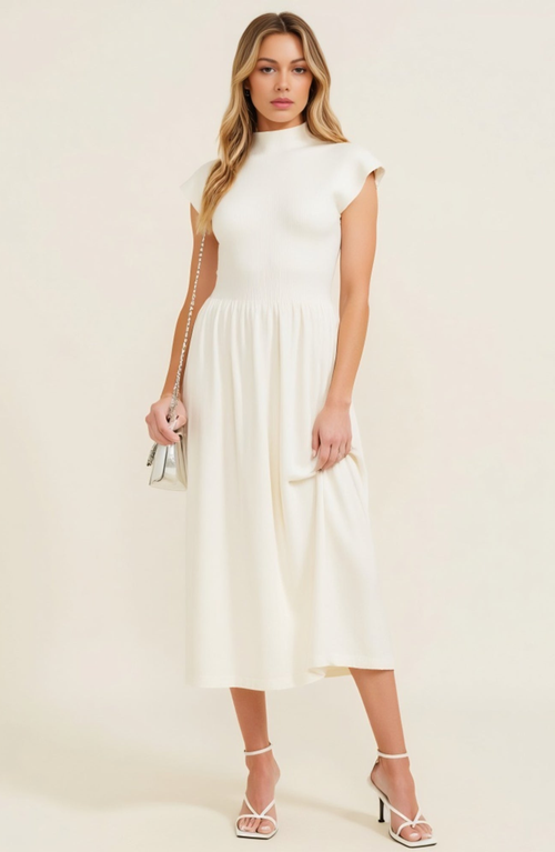 Modenaire Mock Neck Cap Sleeve Knit Midi Dress With Elastic Waist Detail