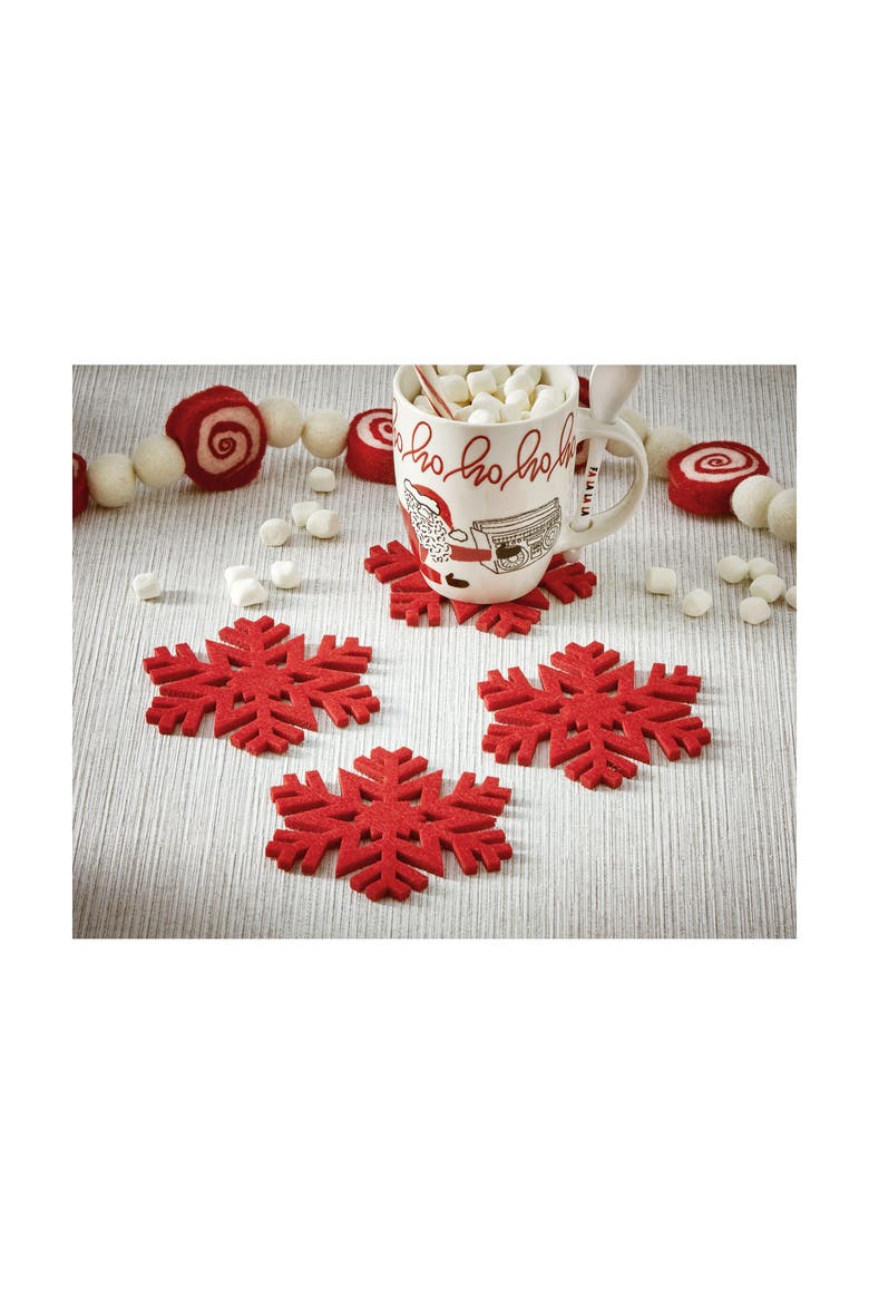 Snowflake Coaster Set of 4 for Winter Christmas Bar, Alternate, color, Red