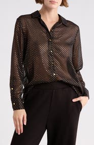 T Tahari Metallic Dot Long Sleeve Button-Up Shirt