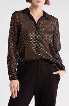 T Tahari Metallic Dot Long Sleeve Button-Up Shirt