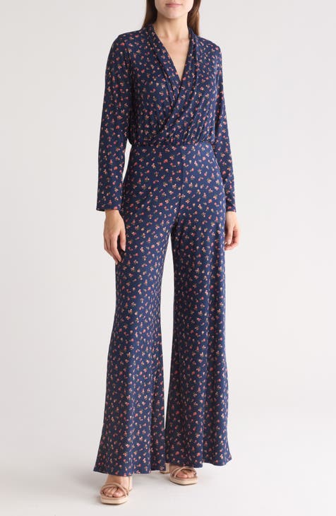 Floral Surplice V-Neck Long Sleeve Jumpsuit<br />