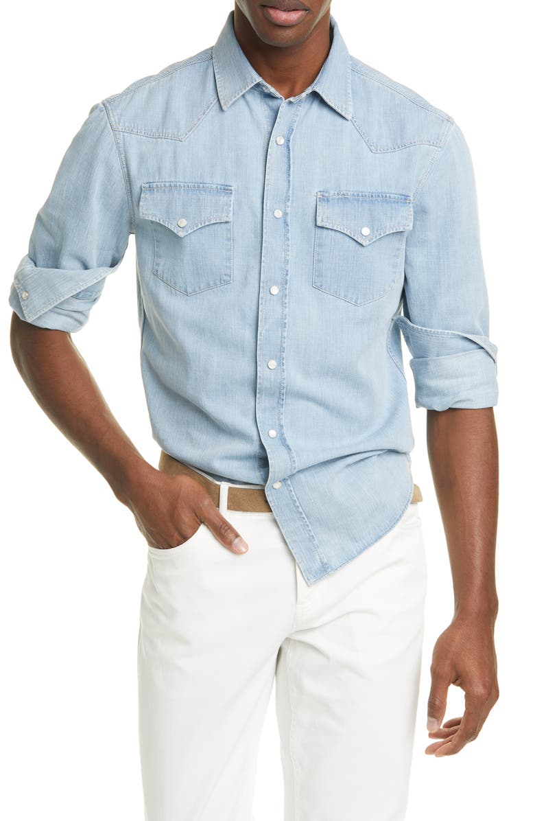 Brunello Cucinelli Leisure Fit Denim Western Shirt, Main, color,
