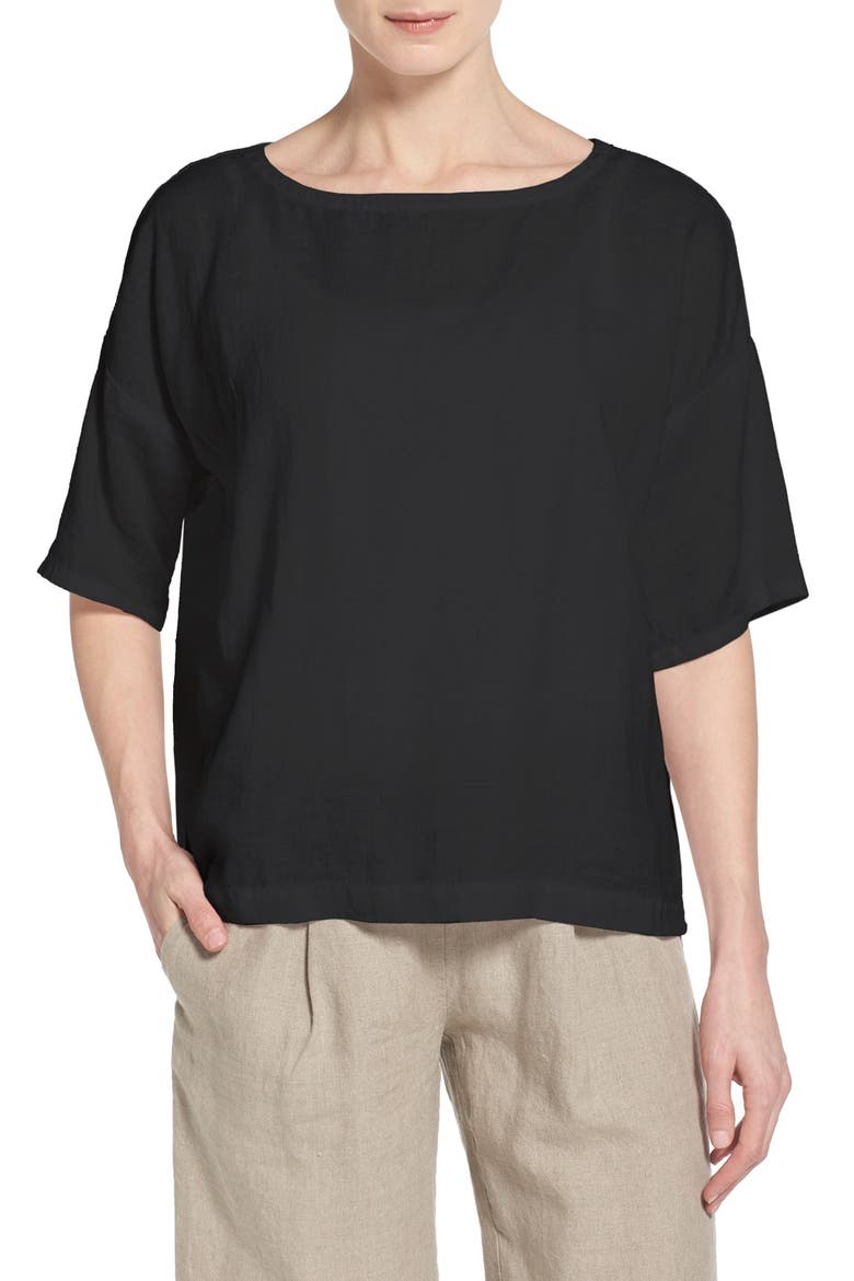 Handkerchief Linen Ballet Neck Boxy Top, Main, color, BLACK