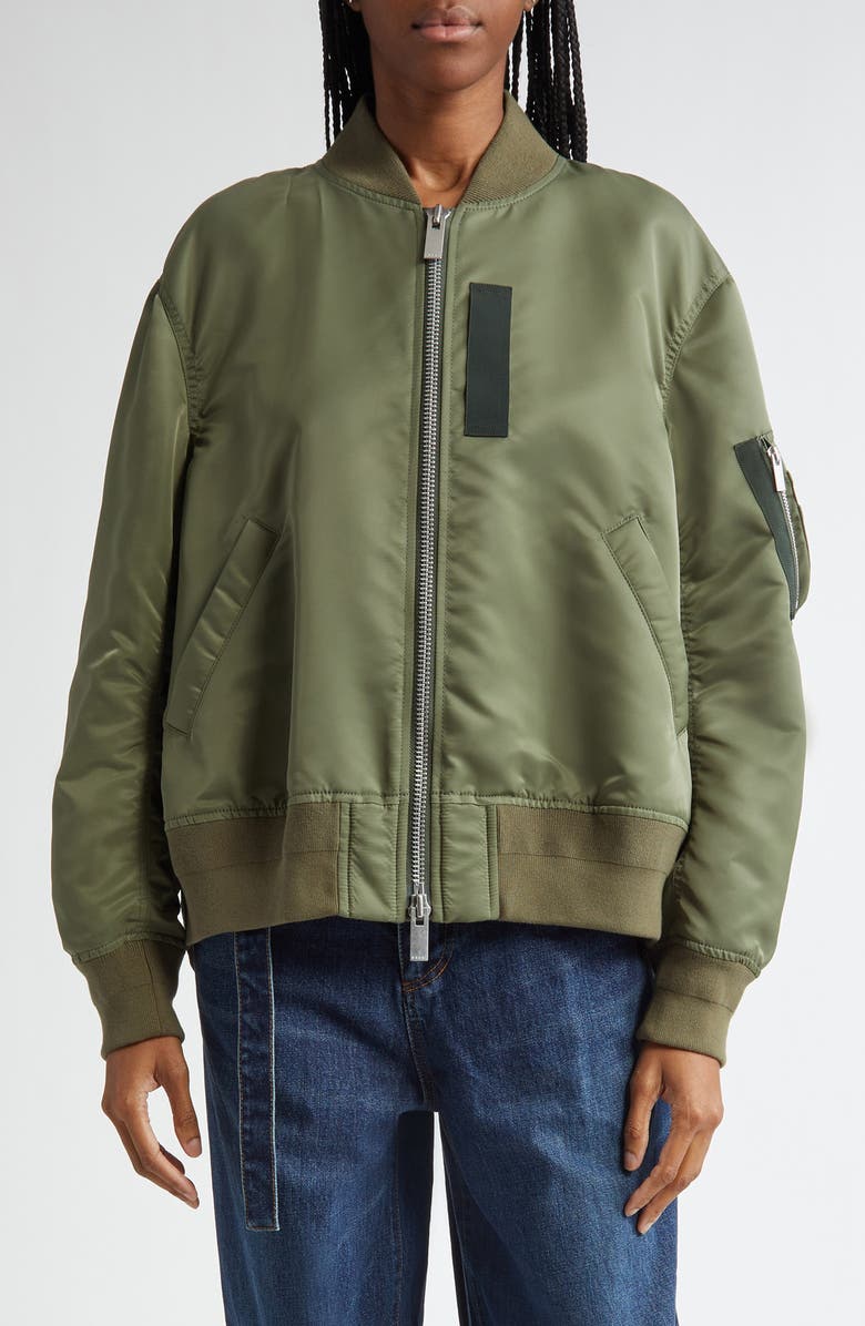 Sacai Nylon Twill Bomber Jacket, Main, color, Khaki