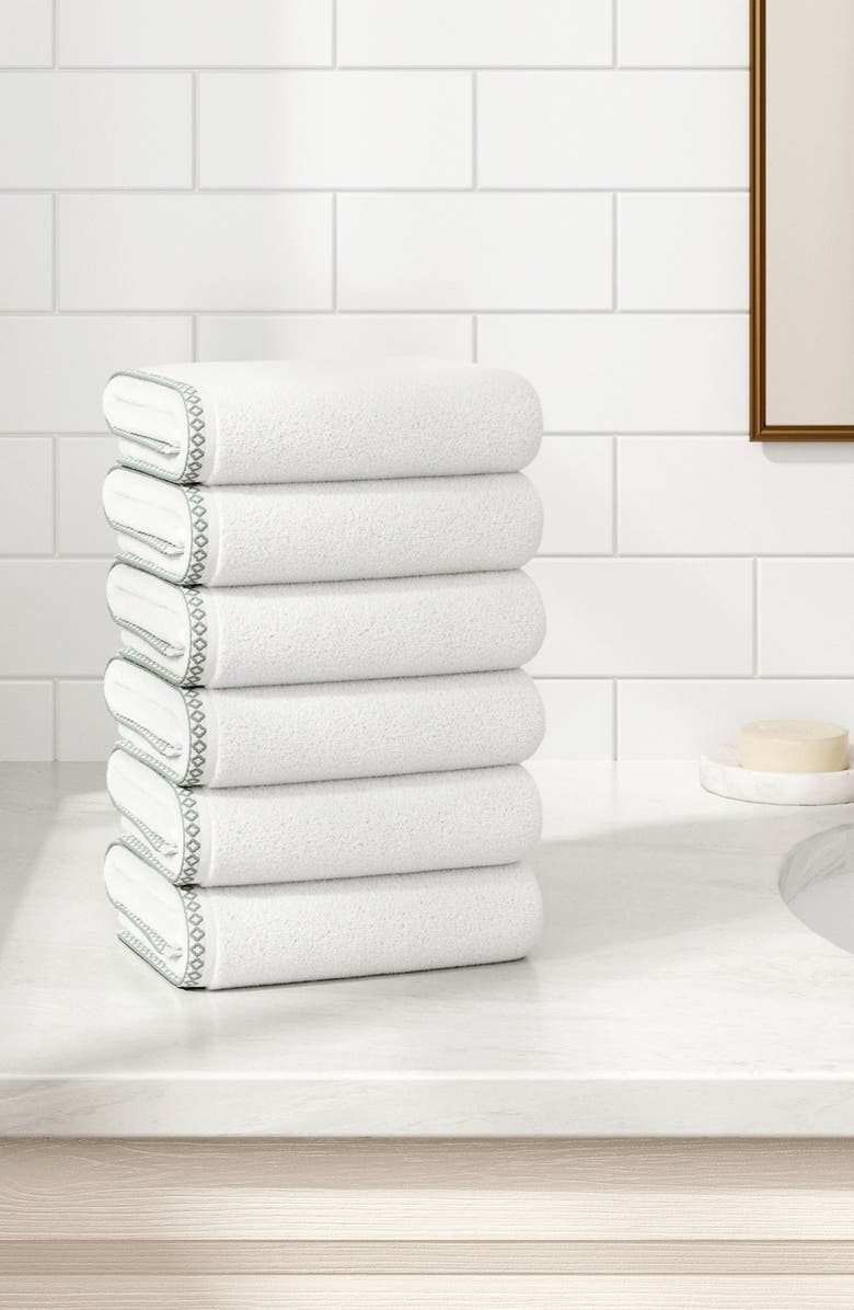 Woven & Weft Border Stitch 6-Piece Cotton Hand Towels, Alternate, color, White / Eucalyptus