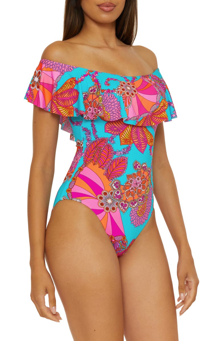 Trina Turk Meilani Off the Shoulder One-Piece Swimsuit, Alternate, color, Blue Multi