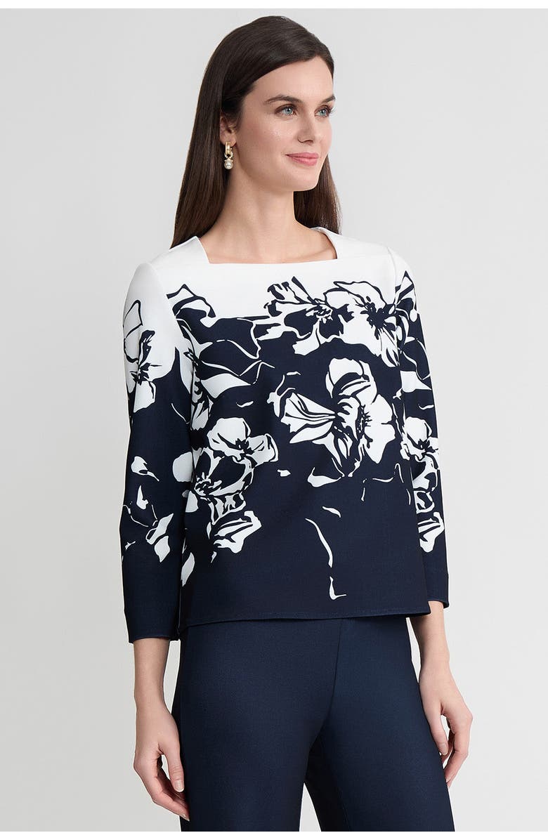 Ming Wang Floral Print Stretch Deco Crepe Blouse, Alternate, color, Indigo/White