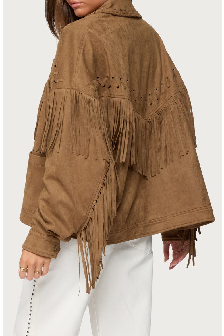 Evonka Fringe Faux Suede Jacket, Alternate, color, BROWN
