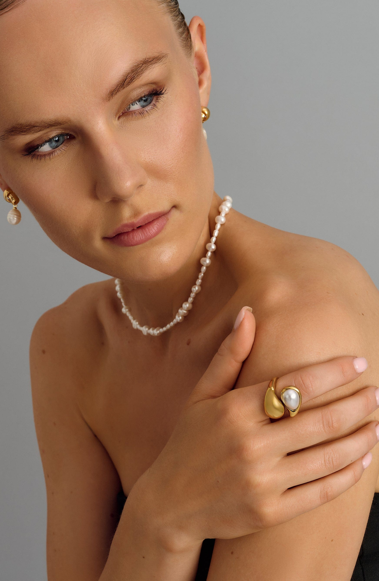 Nialaya Large Pearl Cuff Ring, Alternate, color, Gold