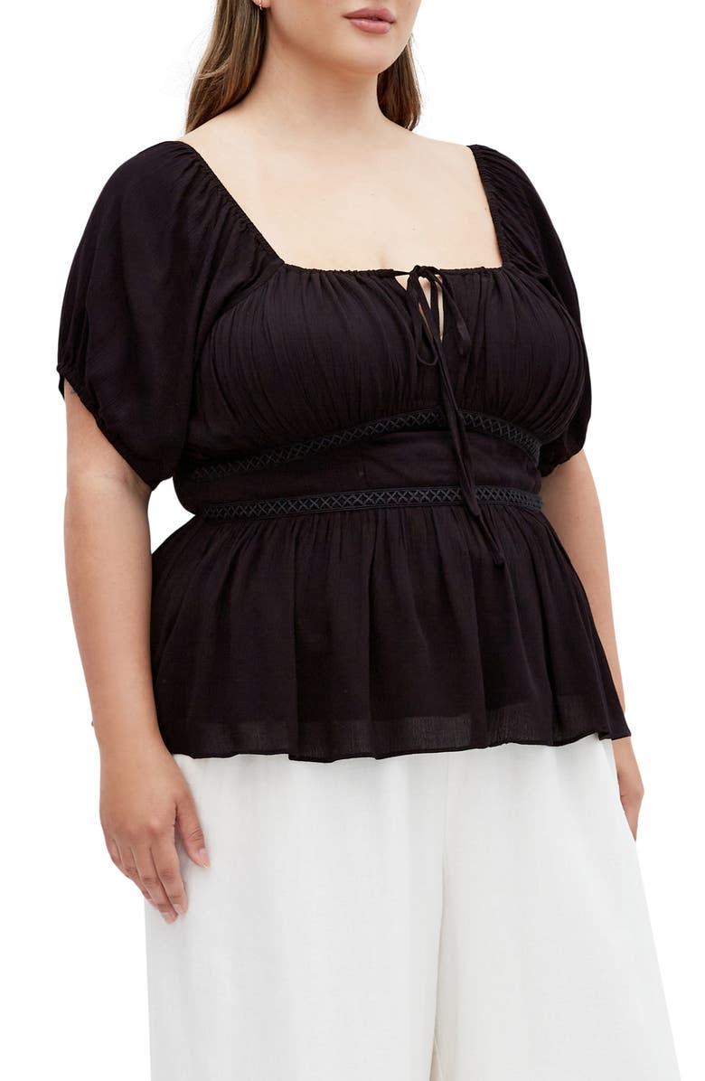 City Chic Ebony Tie Neck Peplum Top, Main, color, 