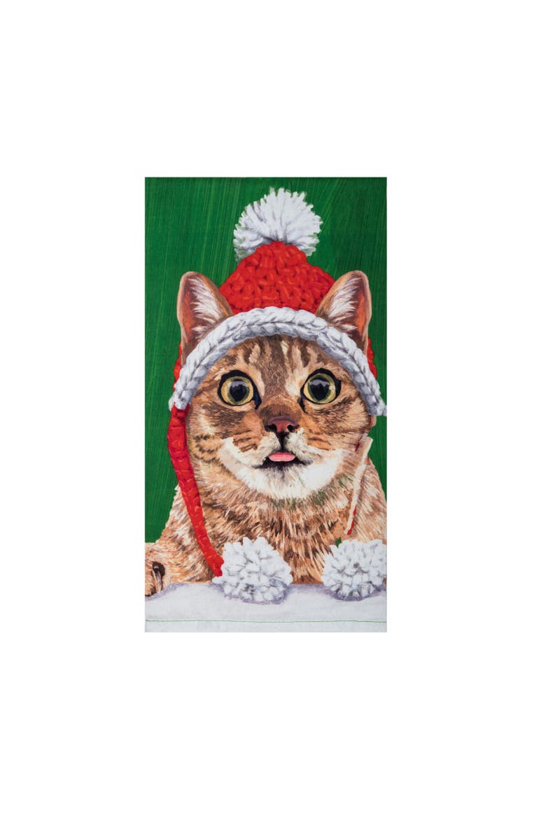 Holiday Cat with Knitted Santa Hat Pet Holiday Towel, Main, color, Green