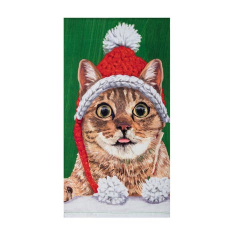 Holiday Cat with Knitted Santa Hat Pet Holiday Towel