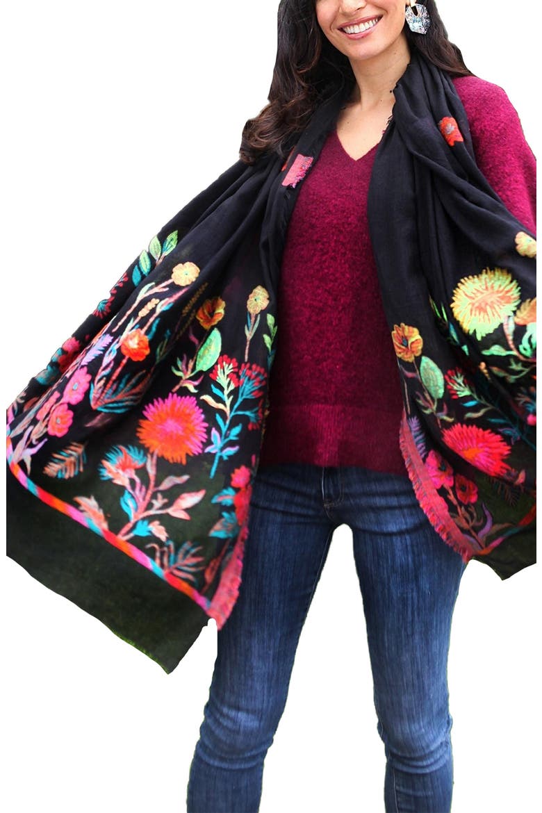 Lightweight Floral Pattern Scarf, Main, color, BLACK