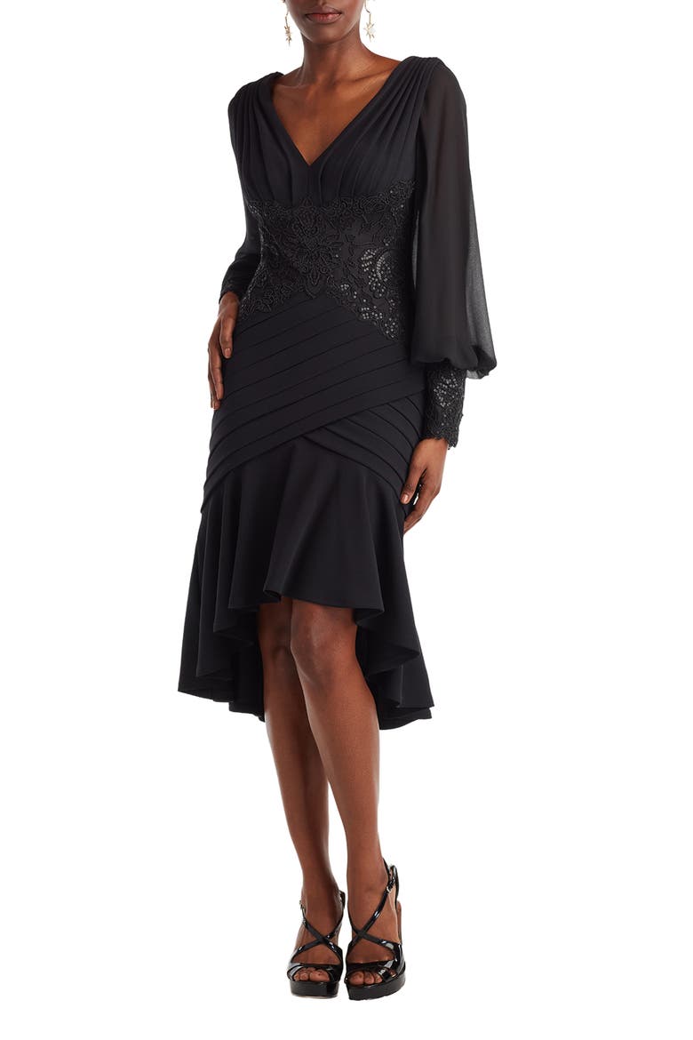 Sequin Lace Detail Long Sleeve High-Low Cocktail Dress, Main, color, BLACK
