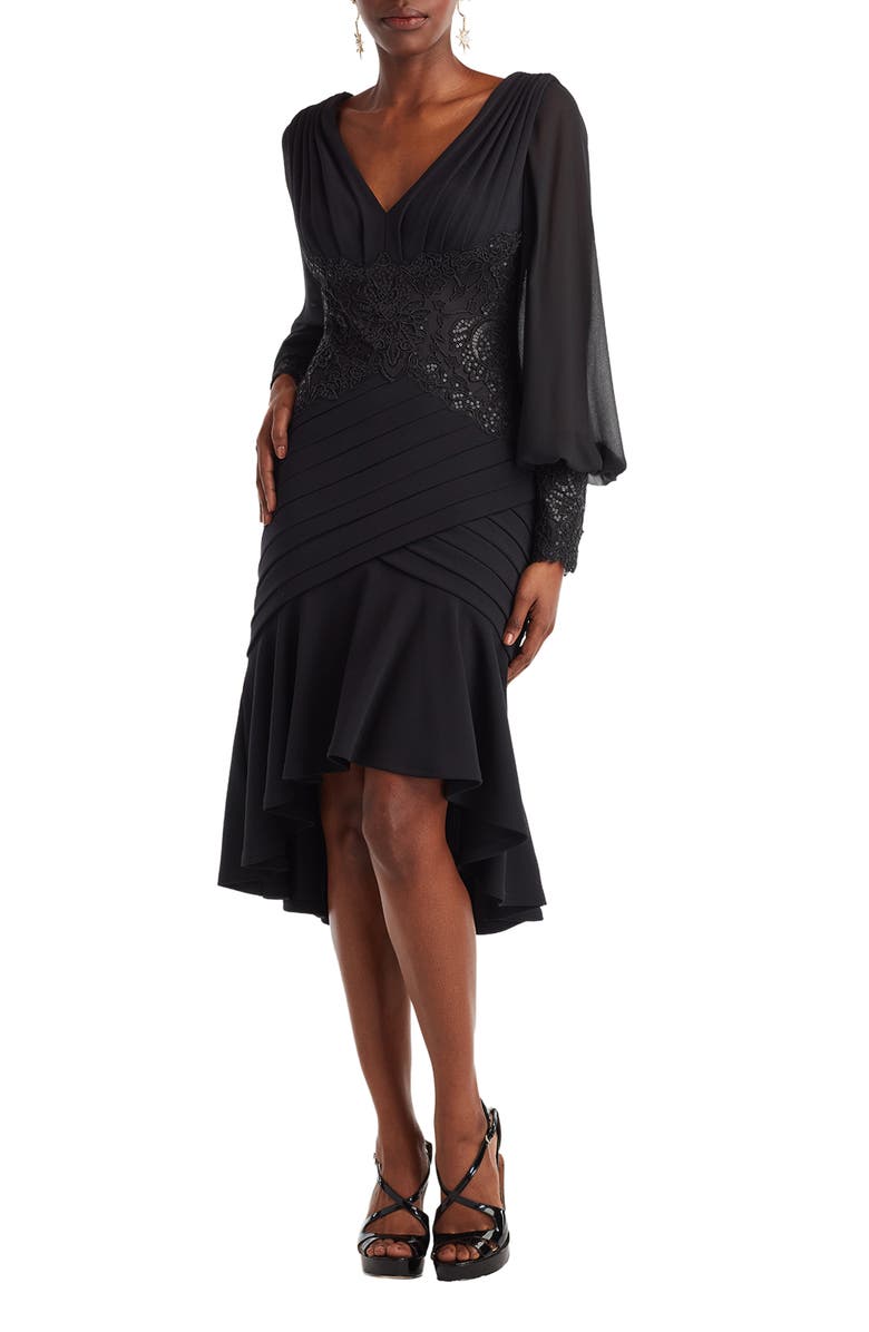 Tadashi Shoji Sequin Lace Detail Long Sleeve High-Low Cocktail Dress, Main, color, Black