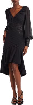 Tadashi Shoji Sequin Lace Detail Long Sleeve High-Low Cocktail Dress