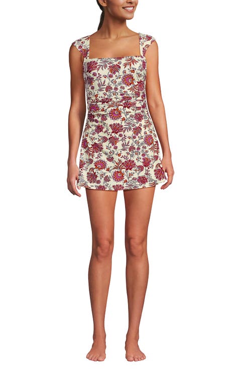 Chlorine Resistant Square Neck Ruched Swim Dress One Piece Swimsuit