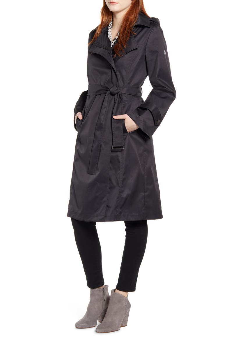 Hooded Water Resistant Trench Coat, Main, color, BLACK
