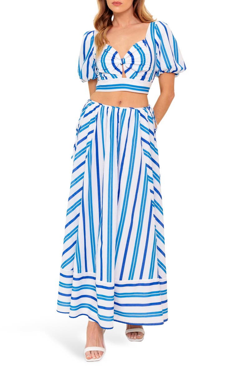 FLYING TOMATO Stripe Crop Top & Maxi Skirt Set, Main, color, White Blue