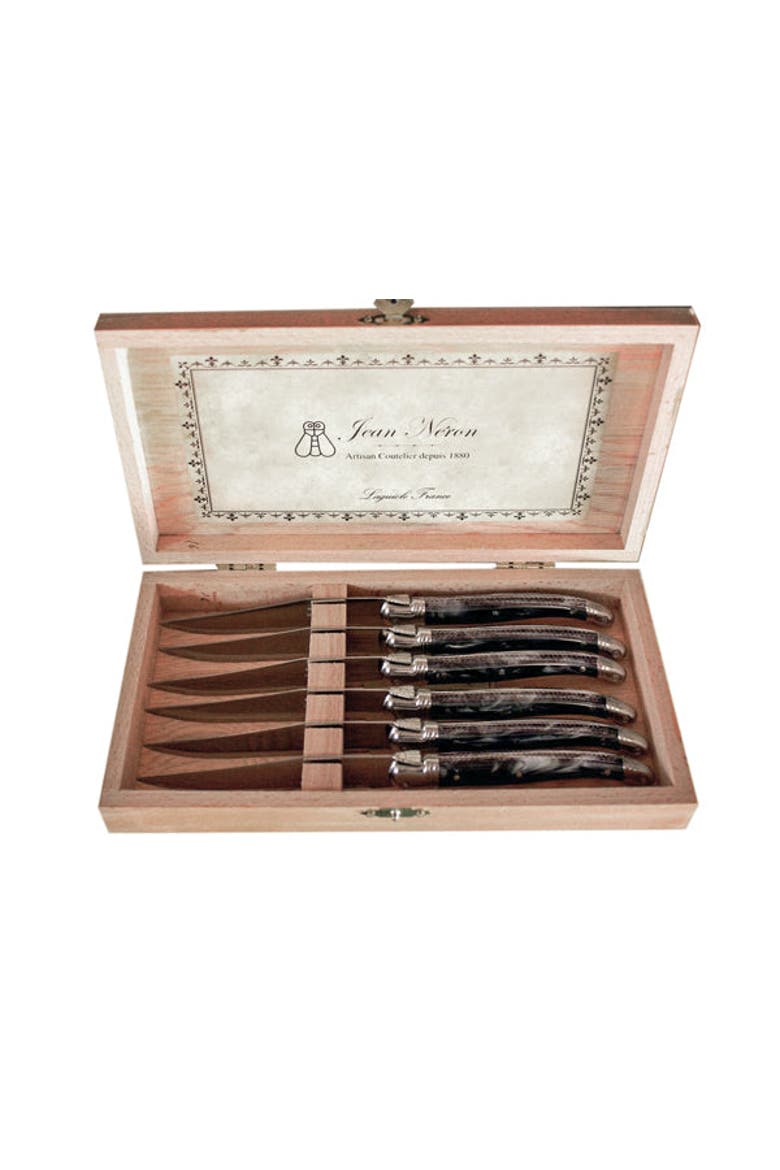6 Piece Steak Knife Set, Platine Marble in Wood Presentation Box, Main, color, Black