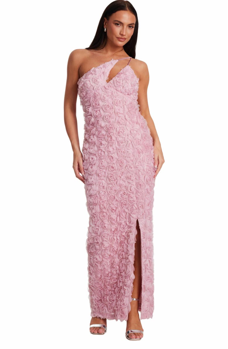 QUIZ One Shoulder Cut Out 3D Floral Maxi Dress, Main, color, Blush