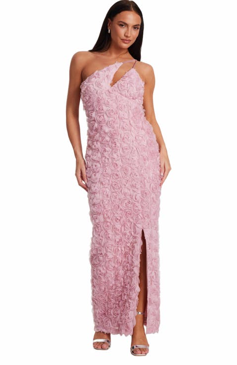 One Shoulder Cut Out 3D Floral Maxi Dress