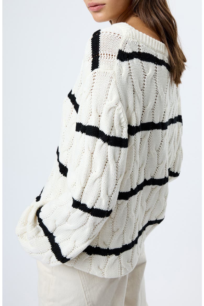 Mozart Stripe Cable Stitch Cotton Boat Neck Sweater, Alternate, color, PORCELAIN CREAM-BLACK