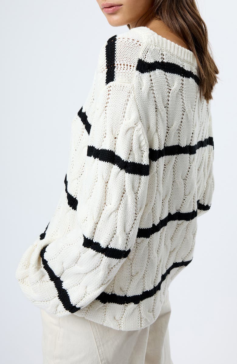 French Connection Mozart Stripe Cable Stitch Cotton Boat Neck Sweater, Alternate, color, 10-Porcelain Cream-Blac