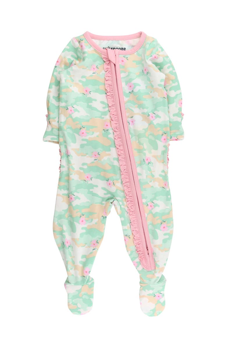 RuffleButts Baby Girls Modal Blend Ruffle One Piece Footie Pajamas, Main, color, Sage Blossom Camo