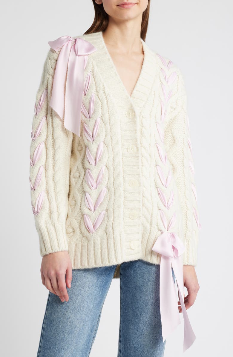 LoveShackFancy Kassius Ribbon Detail Alpaca Blend Cable Cardigan, Main, color, 