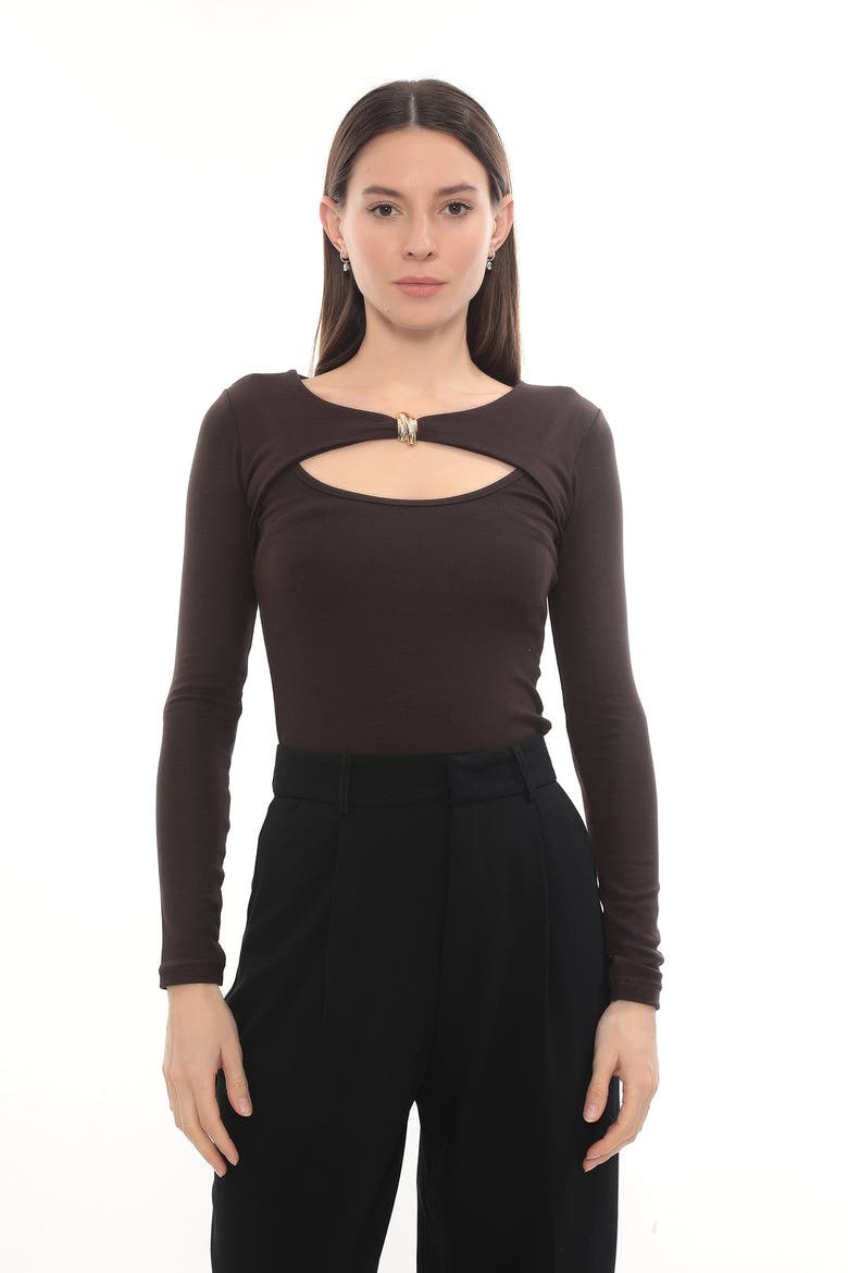 Detail Cutout Long Sleeve Stretch Mila Top, Alternate, color, Brown