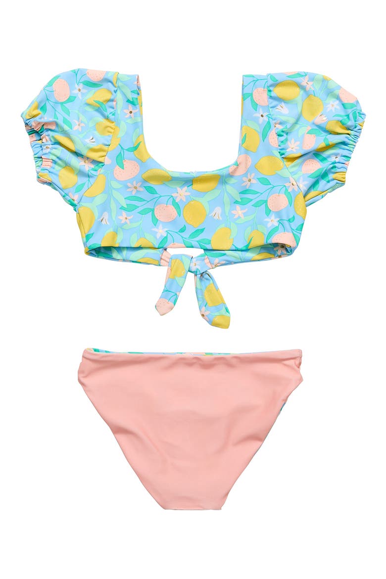 Kids' Lemon Drops Puff Sleeve Knot Front Two-Piece Swimsuit, Alternate, color, BLUE MULTI