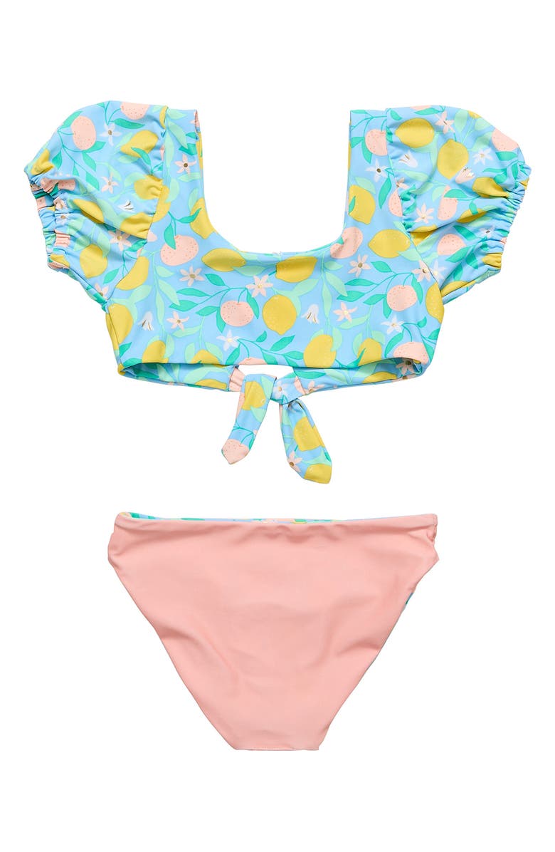 Snapper Rock Kids' Lemon Drops Puff Sleeve Knot Front Two-Piece Swimsuit, Alternate, color, Blue Multi