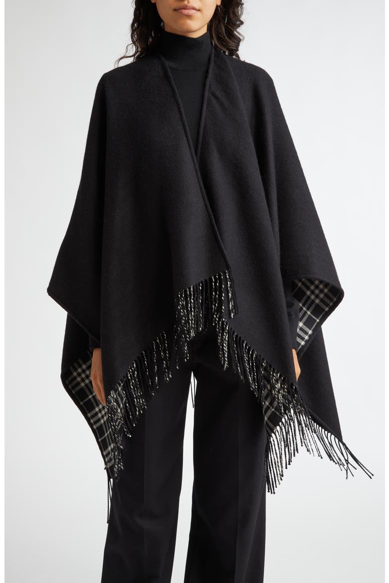 Reversible Open Front Wool Cape, Main, color, BLACK/ CALICO IP CHK