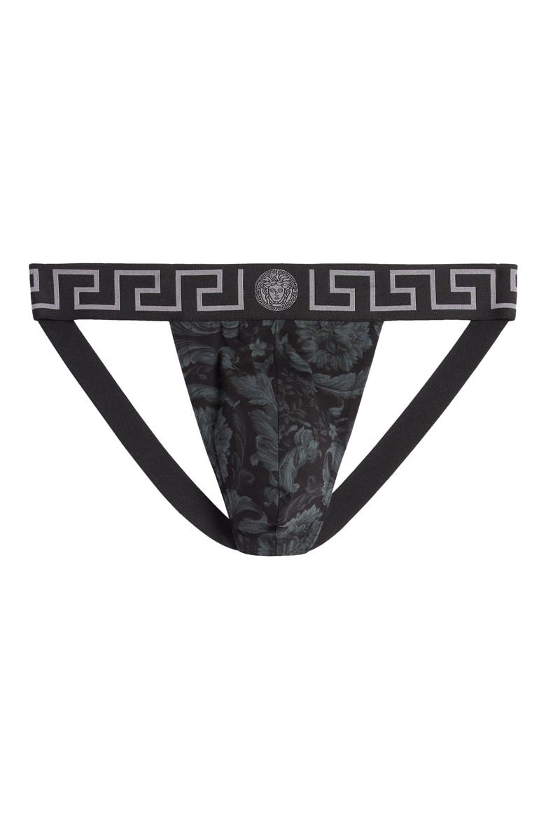 Barocco Stretch Cotton Jockstrap, Main, color, BLACK GREY