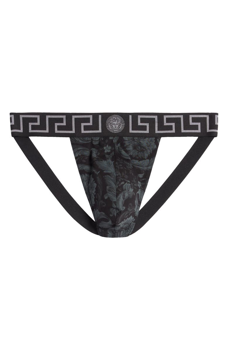 Versace Barocco Stretch Cotton Jockstrap, Main, color, Black Grey