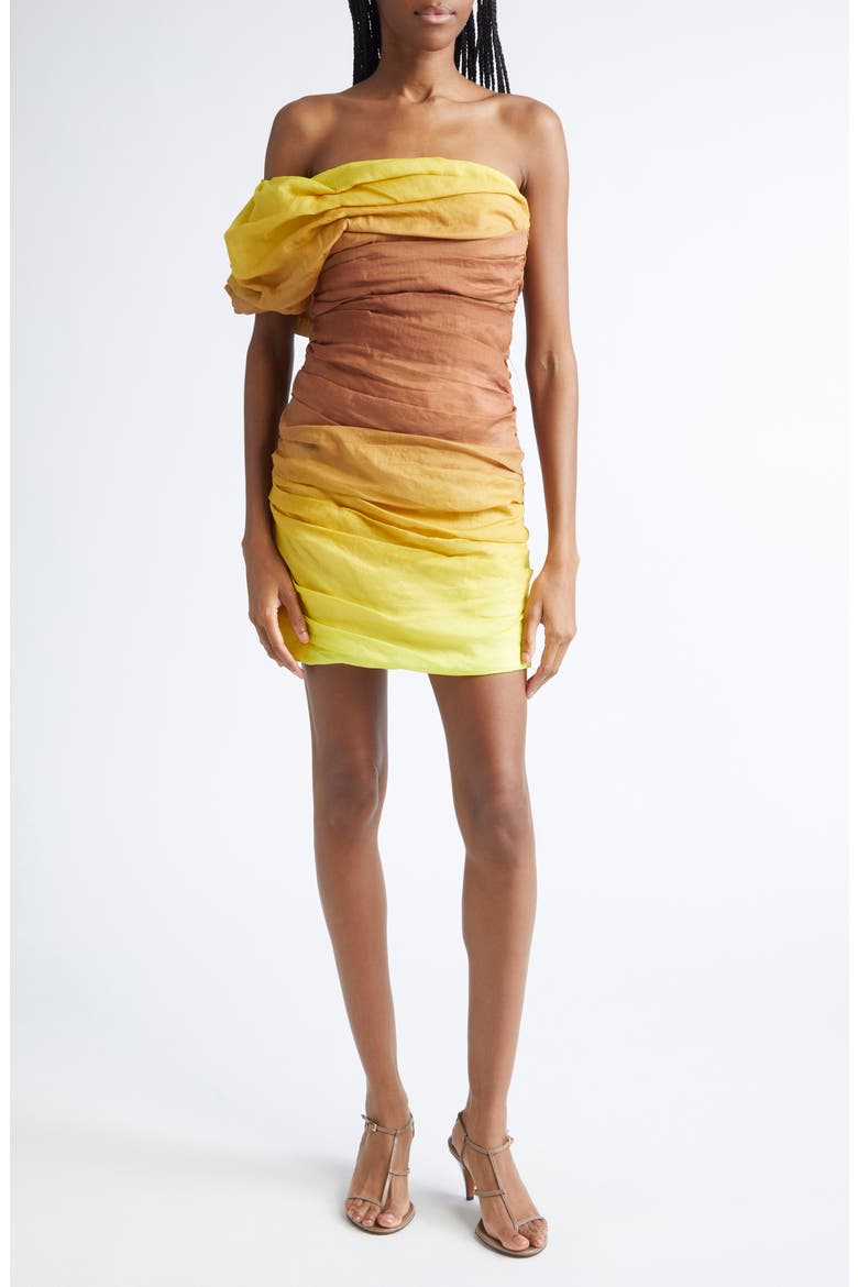 Kyler Ruched Strapless Cocktail Dress, Main, color, CHESTNUT/ YELLOW