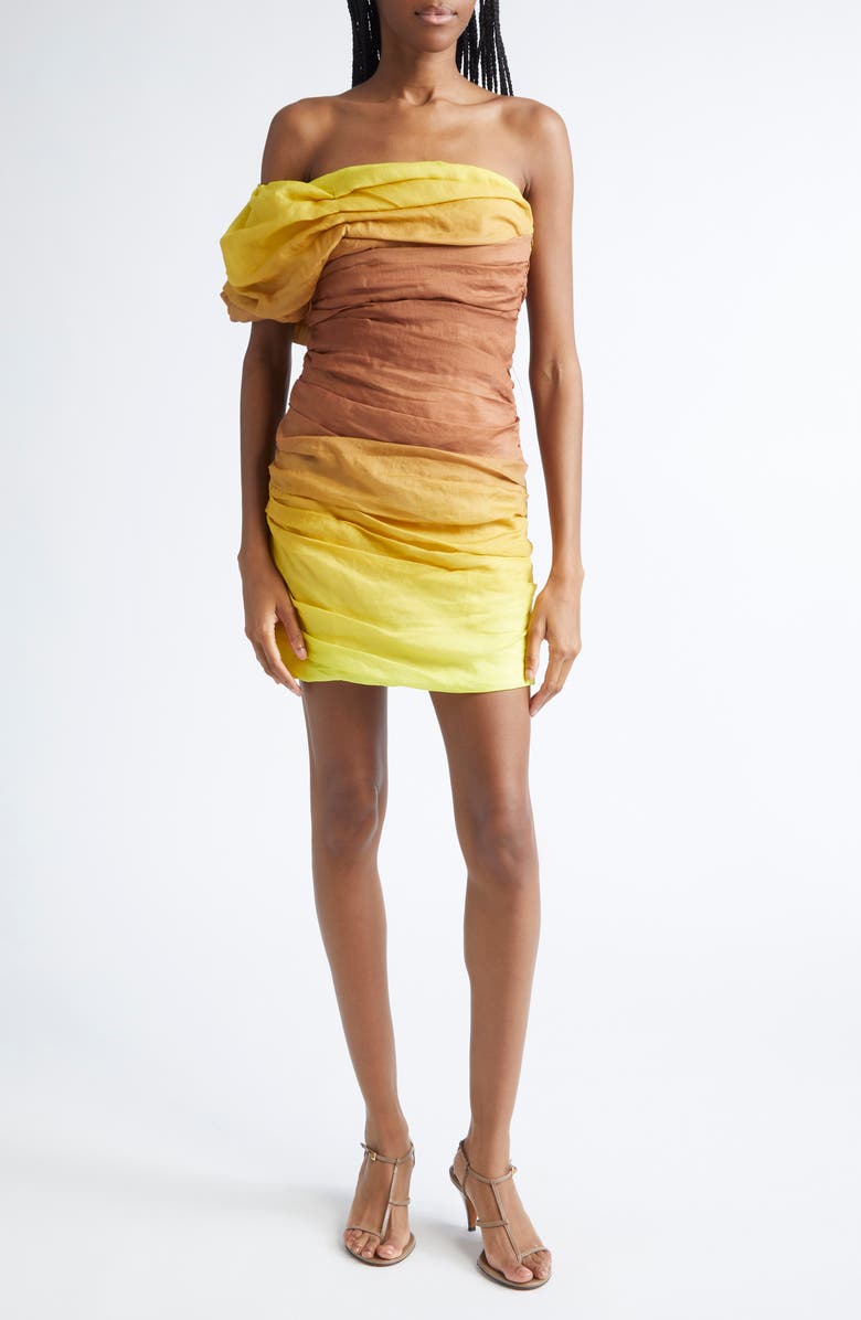 A.L.C. Kyler Ruched Strapless Cocktail Dress, Main, color, Chestnut/ Yellow