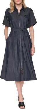 DKNY Front Zip Belted Midi Dress