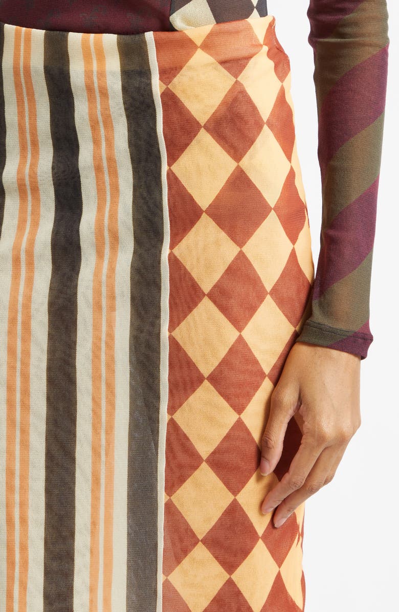 Jean Paul Gaultier Patchwork Print Mesh Maxi Skirt, Alternate, color, Burgundy Multicolor