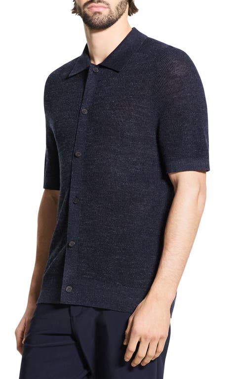 Theory Short Sleeve Linen Button Down Shirt In Blue