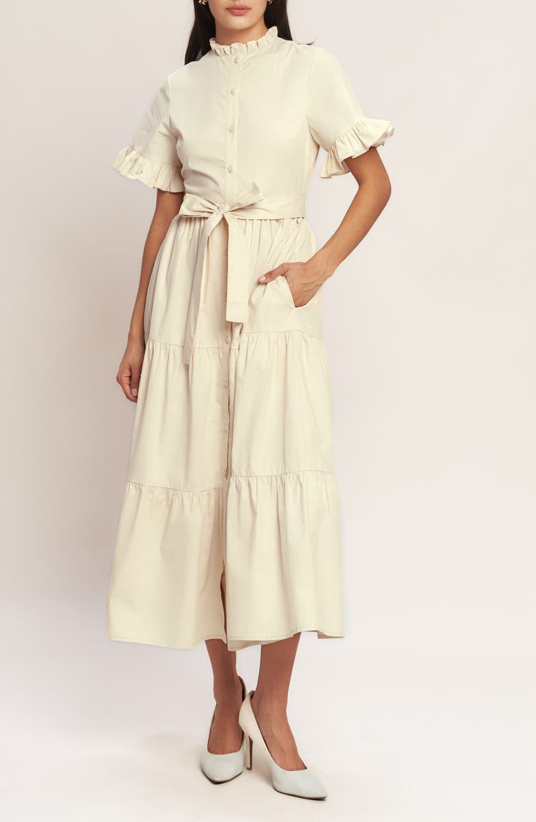 FLYING TOMATO Ruffle Trim Midi Dress, Main, color, Cream